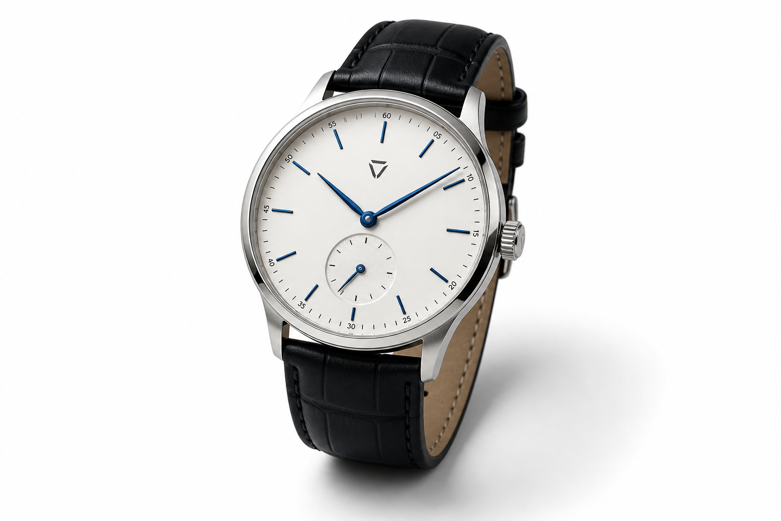 Classic dress wristwatch with white dial and black leather strap